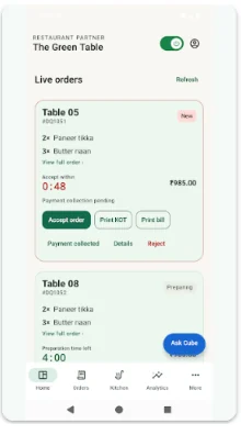 Restaurant Partner live order dashboard preview