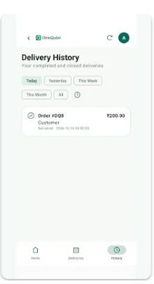 DineQube Rider delivery history preview
